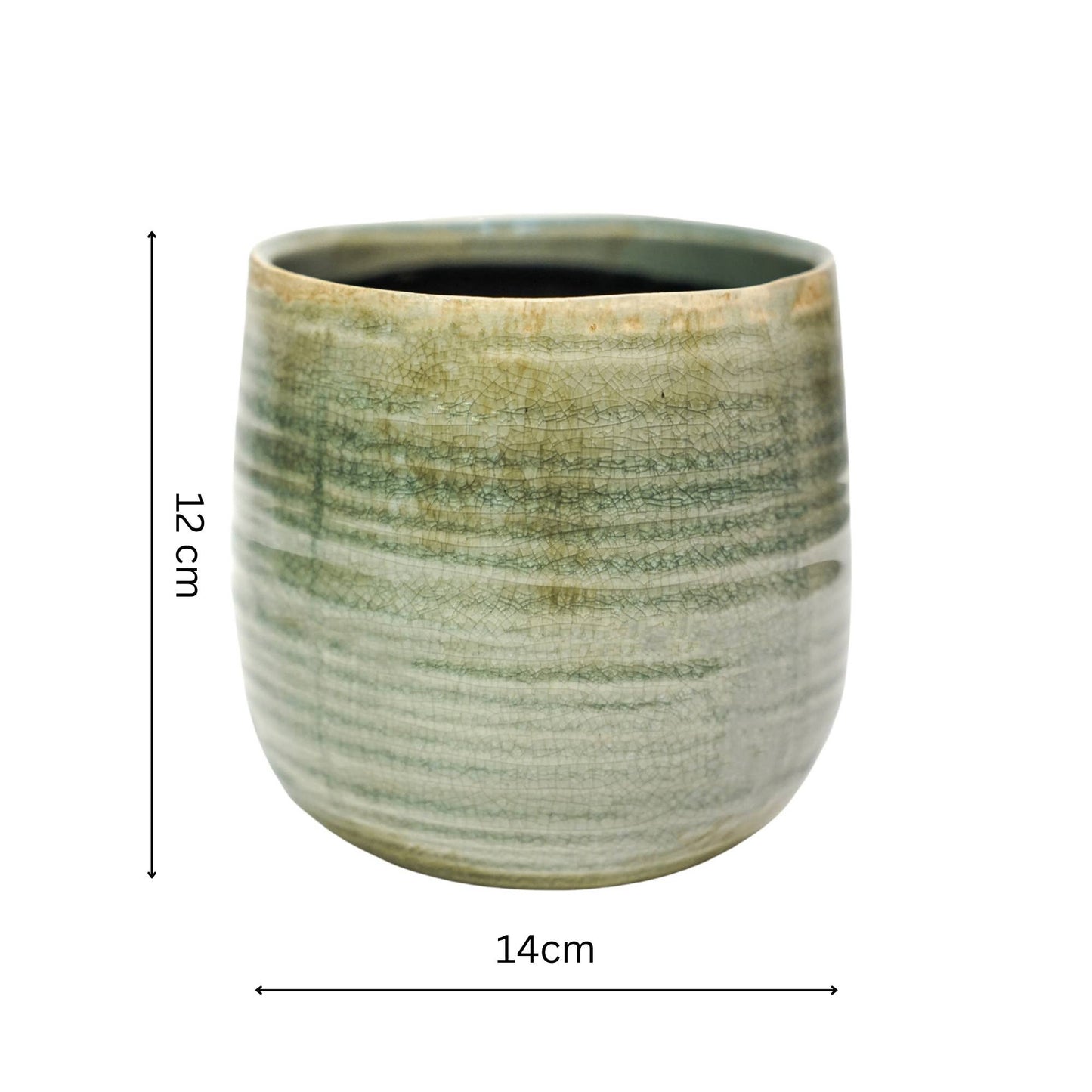 Como planter on white background with dimensions - 12cm in height and 14cm wide.