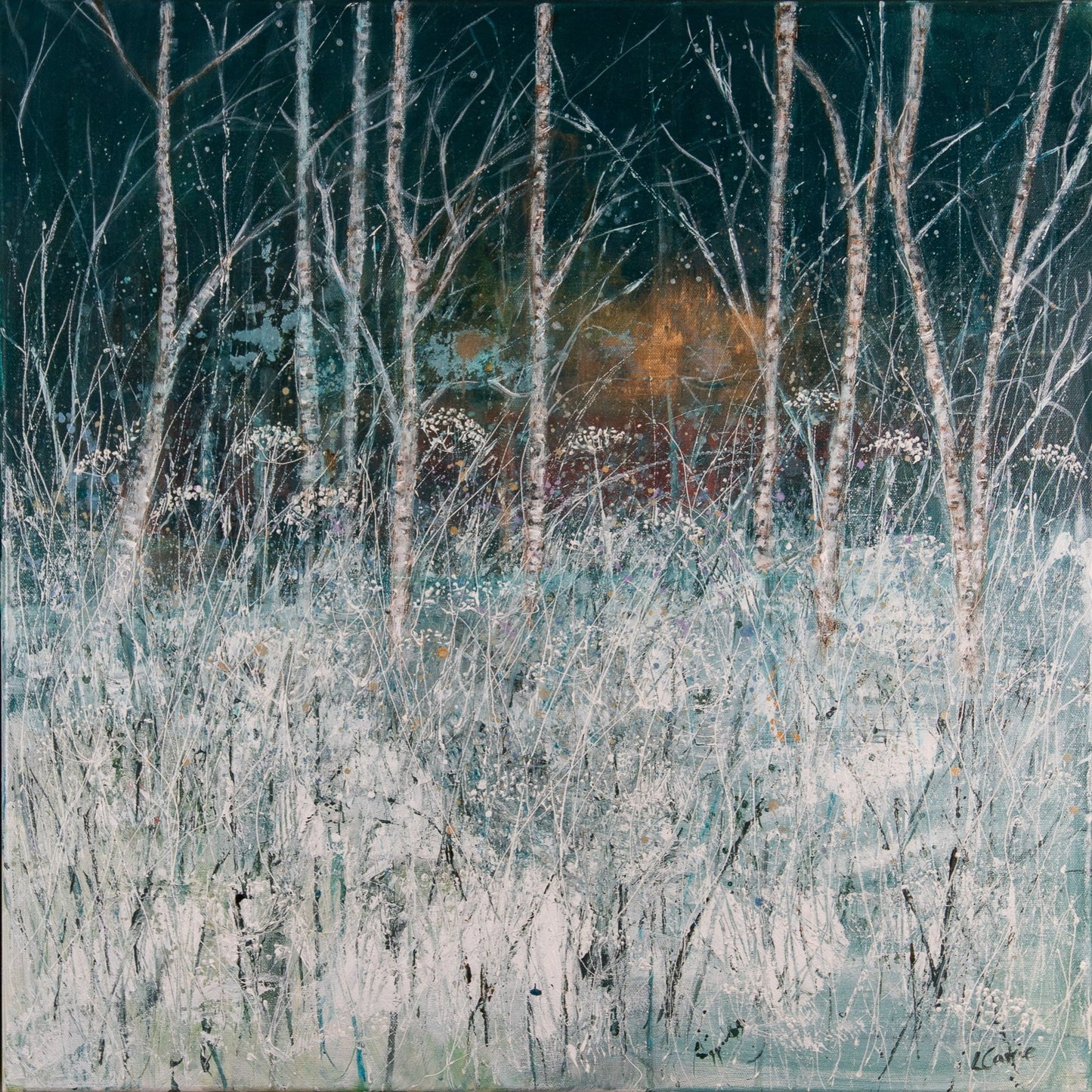 Snow Painting by scottish artist. Silver birch trees in snow as morning sun rises behind. Impressionist artwork of scottish forest
