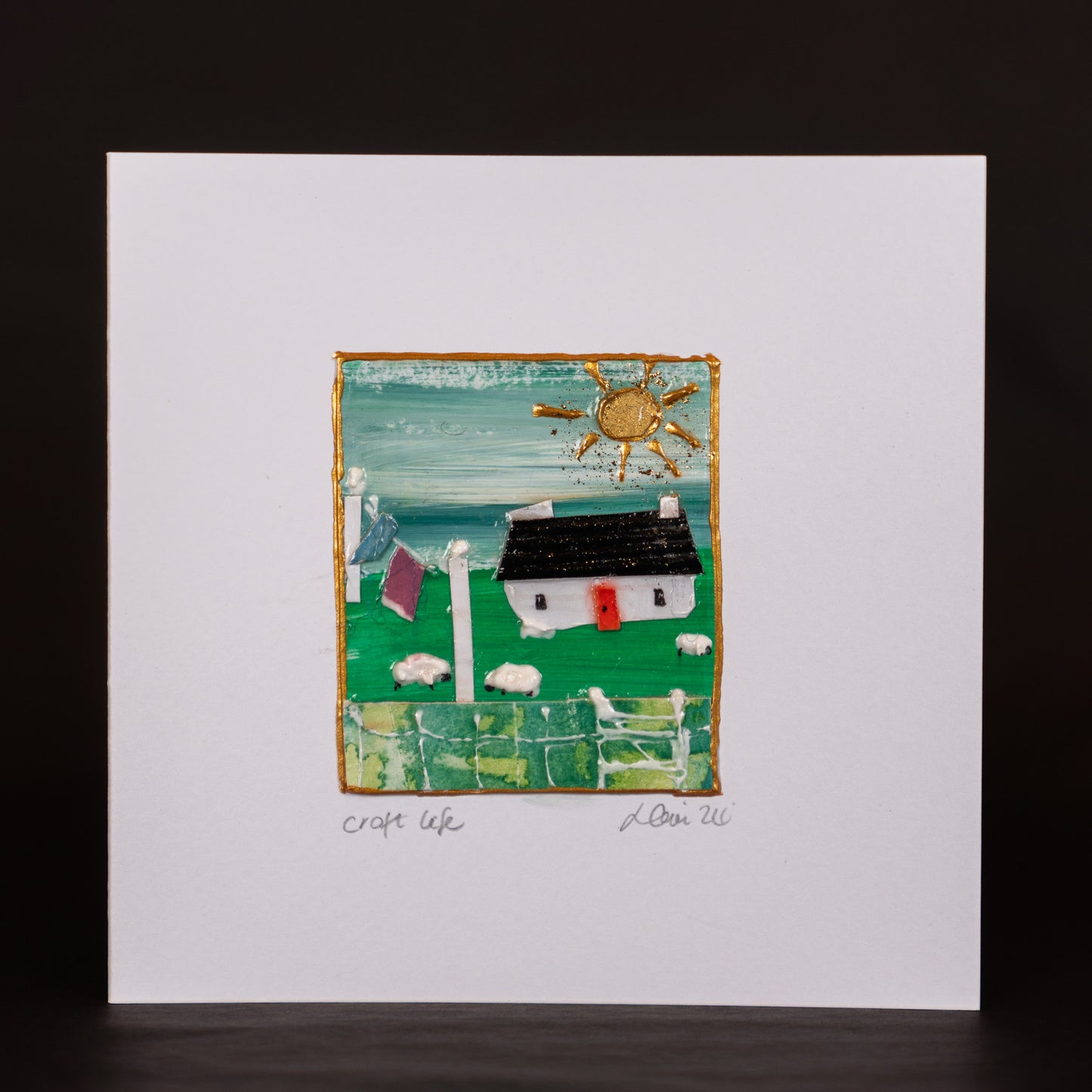 Louise Carrie Handmade cards Scottish countryside croft house, nature sheep. Mixed media artist from Scotland