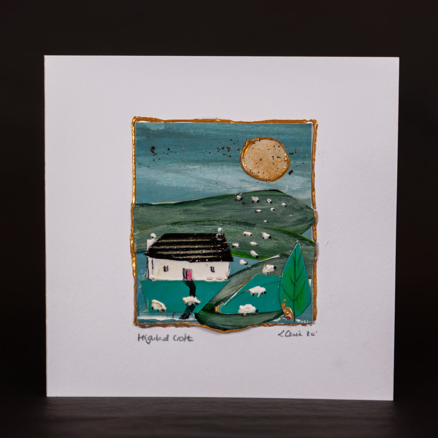 Louise Carrie Handmade cards Scottish countryside croft house, nature sheep. Mixed media artist from Scotland
