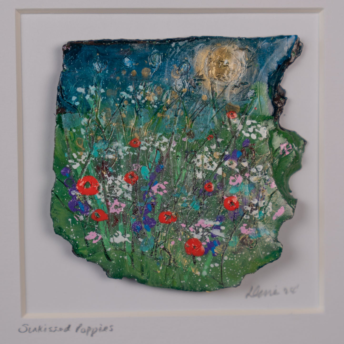 Louise Carrie : Original Wax on Slate Painting, Sunkissed Poppies