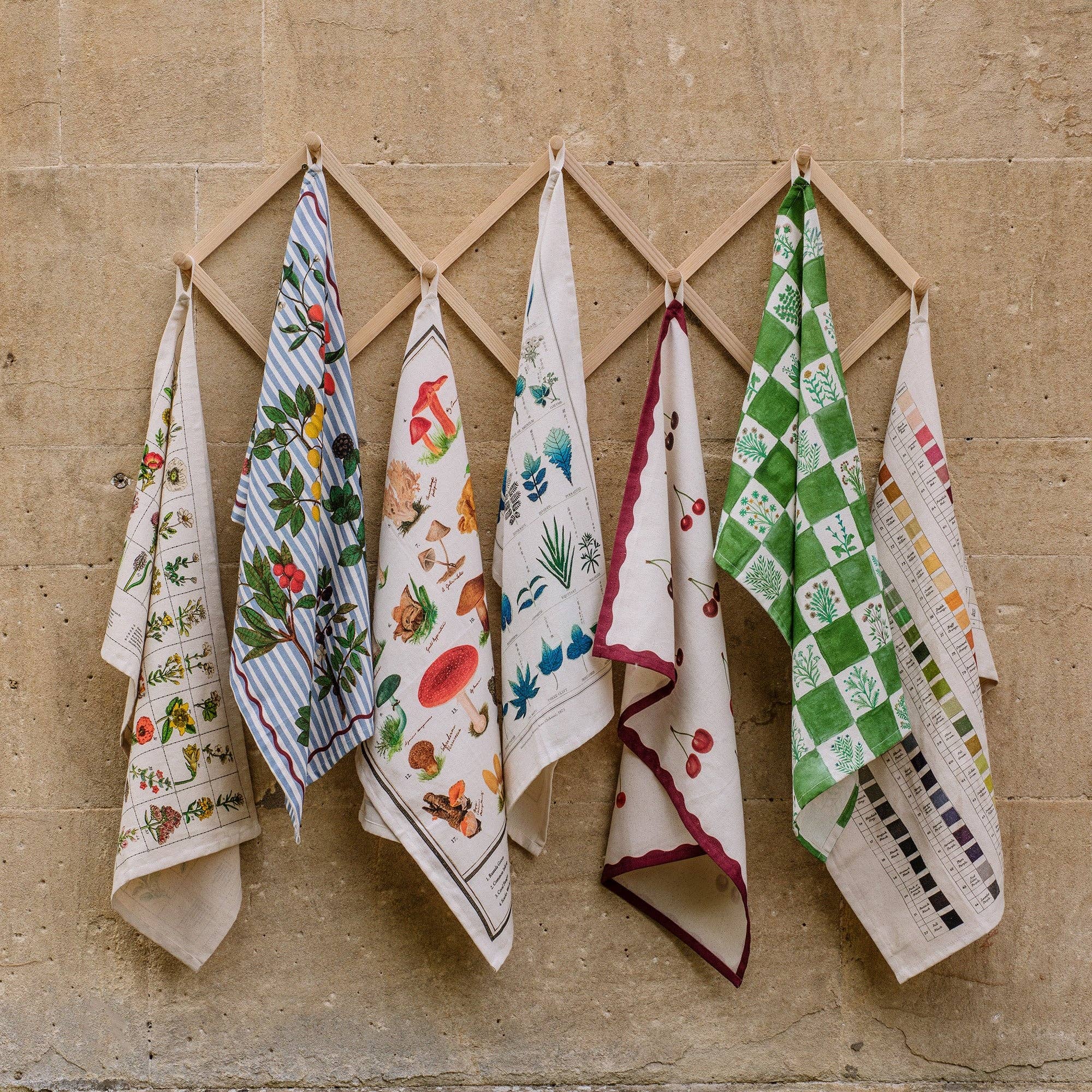 A row of 7 colourful organic cotton tea towels hanging in a line against a sand coloured wall.