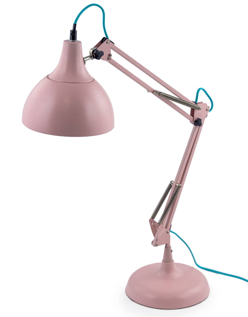 Matt pink adjustable desk lamp on a white background.