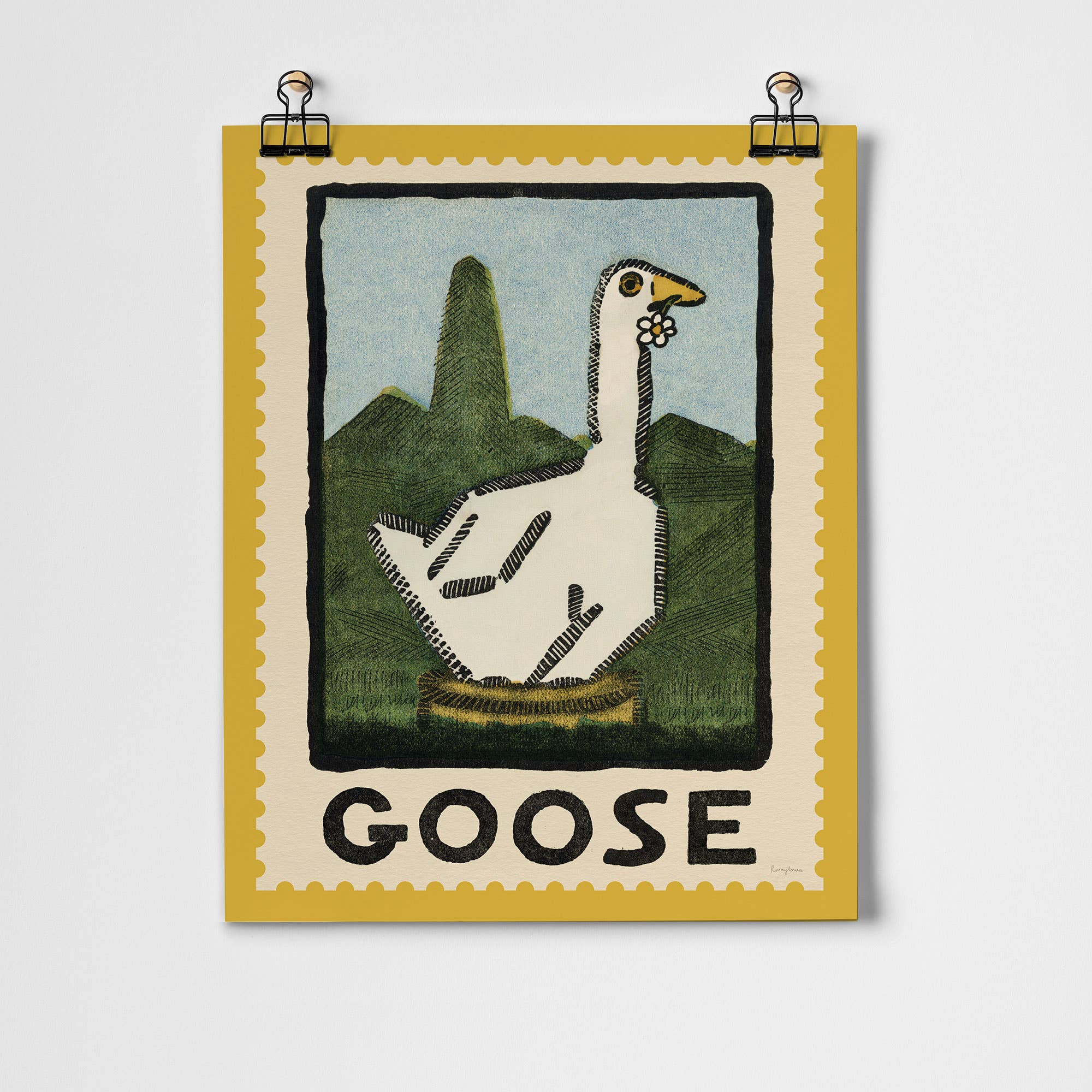 Illustrated picture of a Goose on white background. - held up by clips. Illustration is in the style of a vintage stamp.Text on picture is " GOOSE"