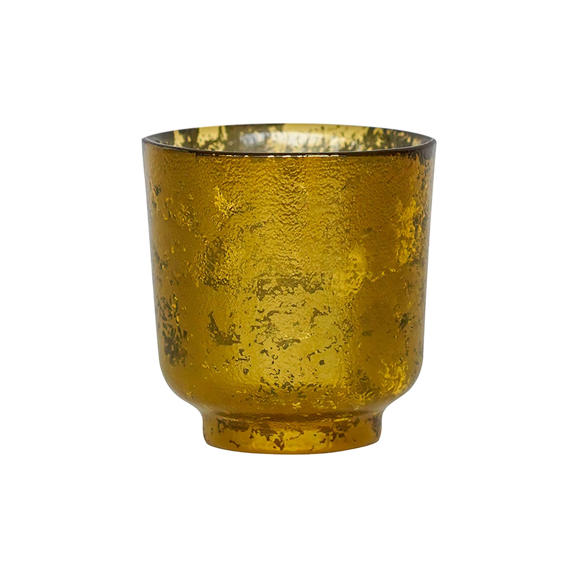 Studio shot of glass tealight holder showing detail of gold textured outer.