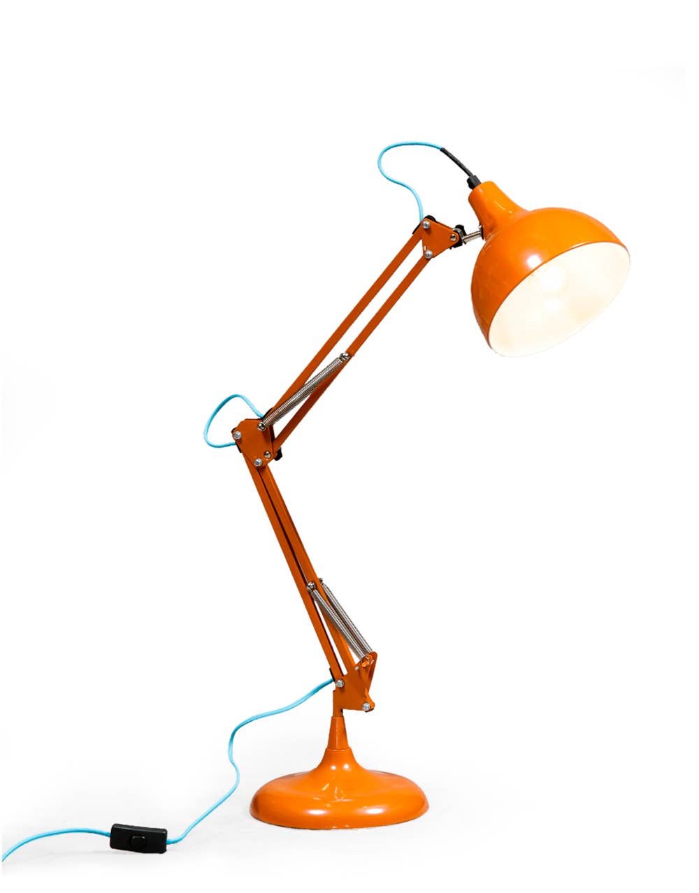 Orange adjustable desk lamp on a white background.