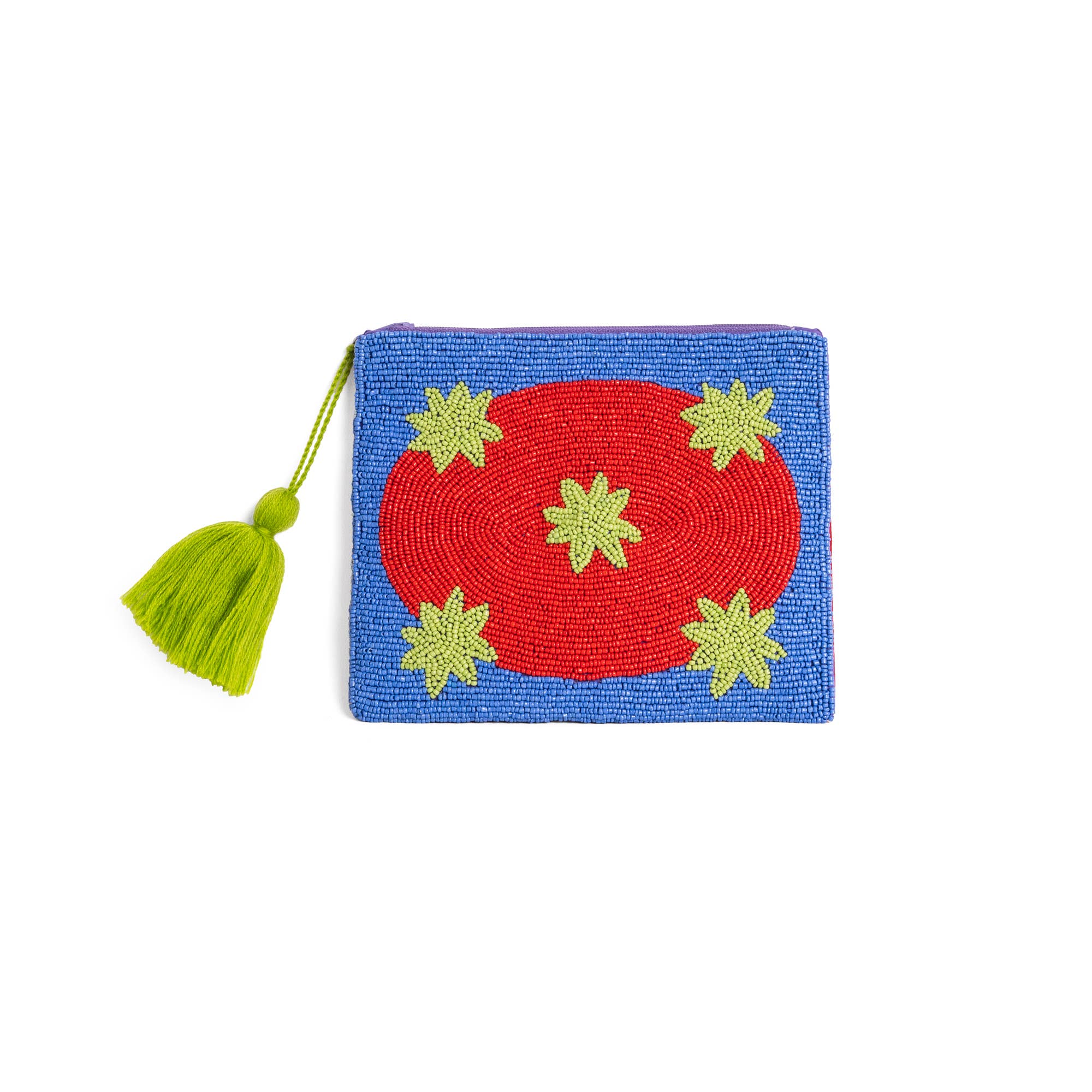 Beaded pouch with red center and green accents on a blue background, featuring a green tassel.