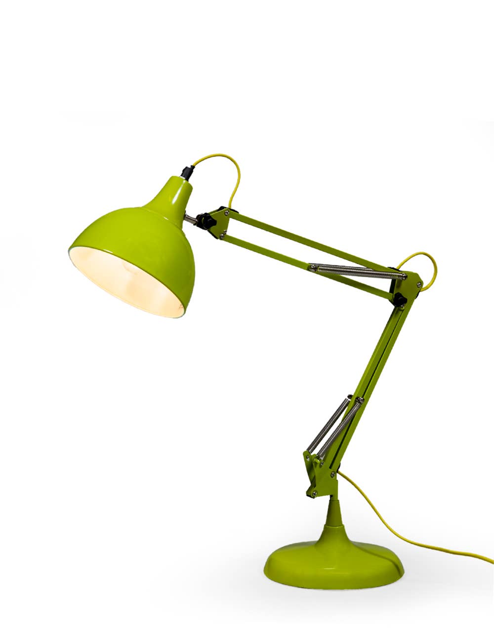 Lime green adjustable desk lamp on a white background.