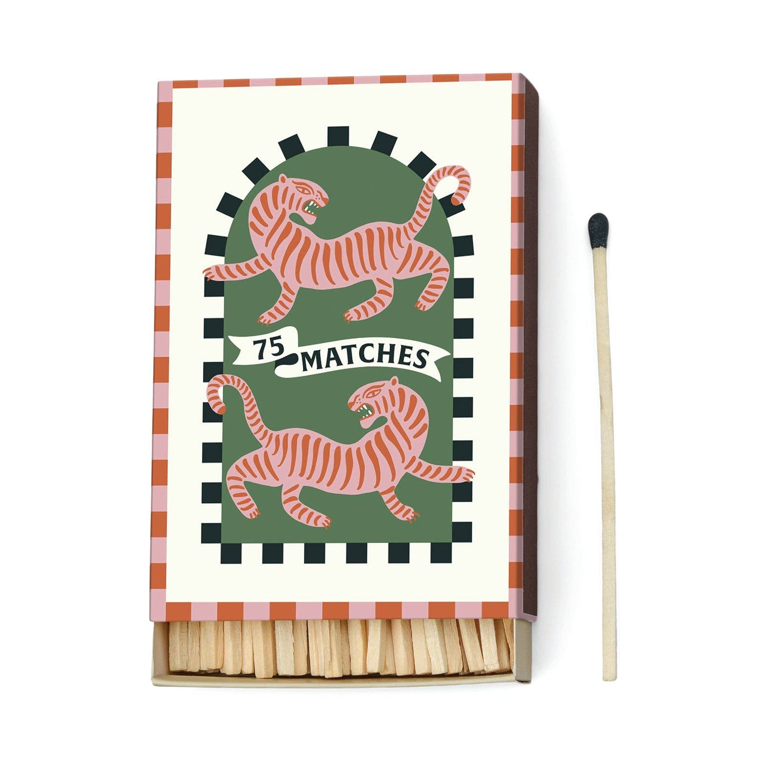 Jumbo matches by Paddywax. Matchbox with tiger design and 75 matches on a white background