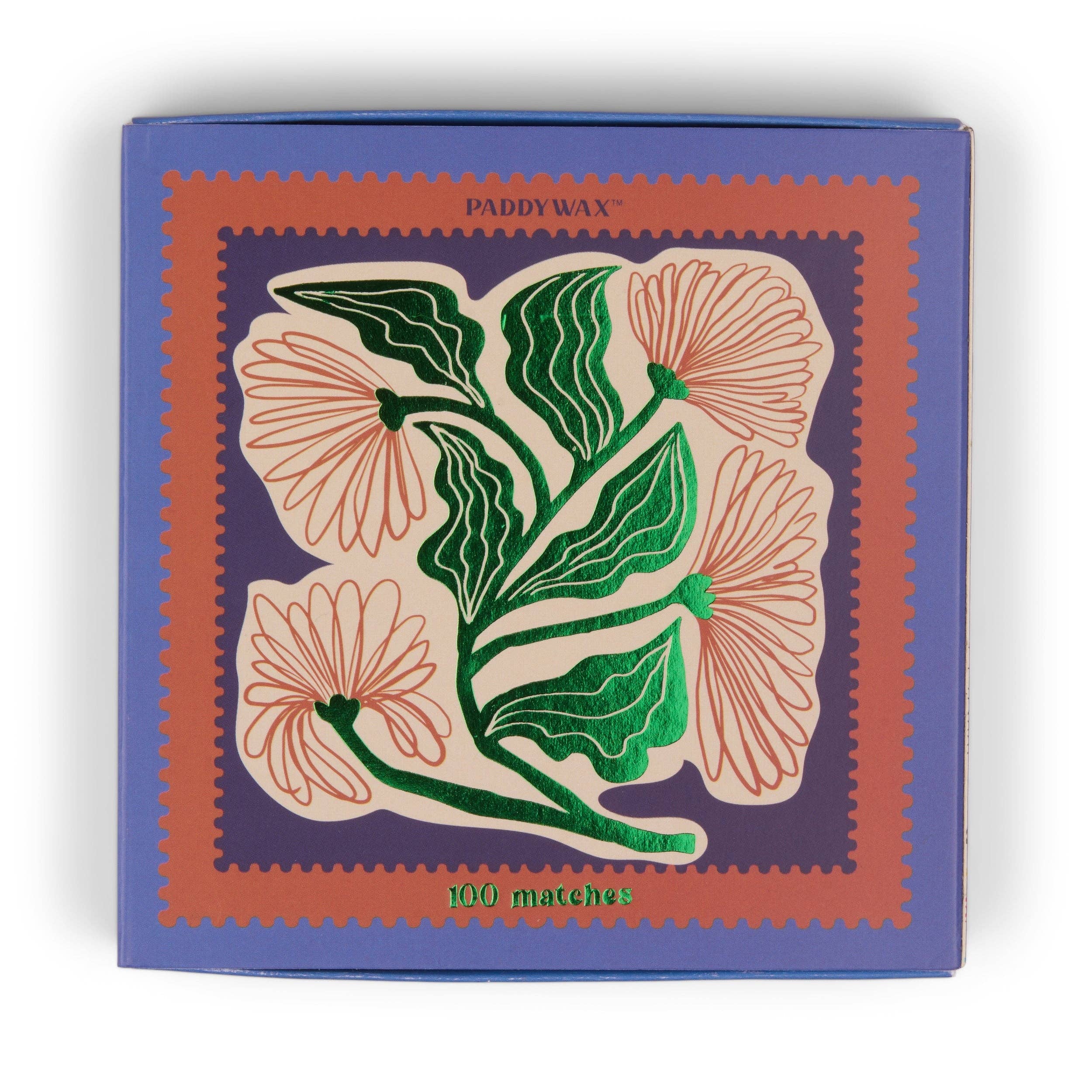 Matches box with floral design and 'PaddyWax' branding on a white background