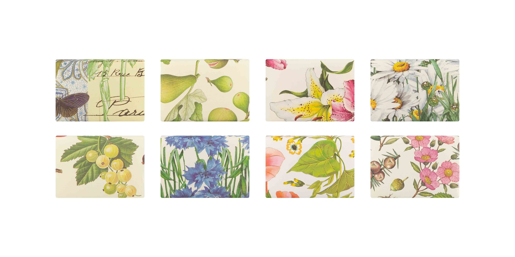 Eights soaps lined up showing the variety of floral wrappings.