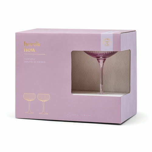 Lilac packaging box with a glass design and 'here's how' branding on a white background