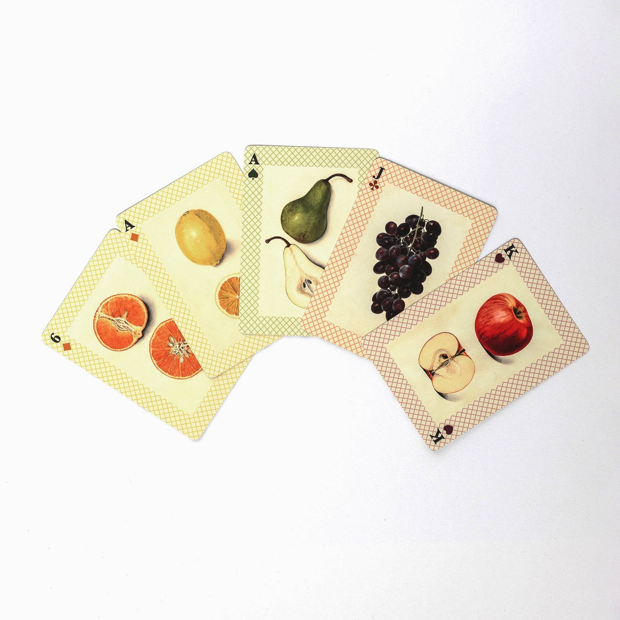 A close uo of five cards showing illustrations on a white studio background.