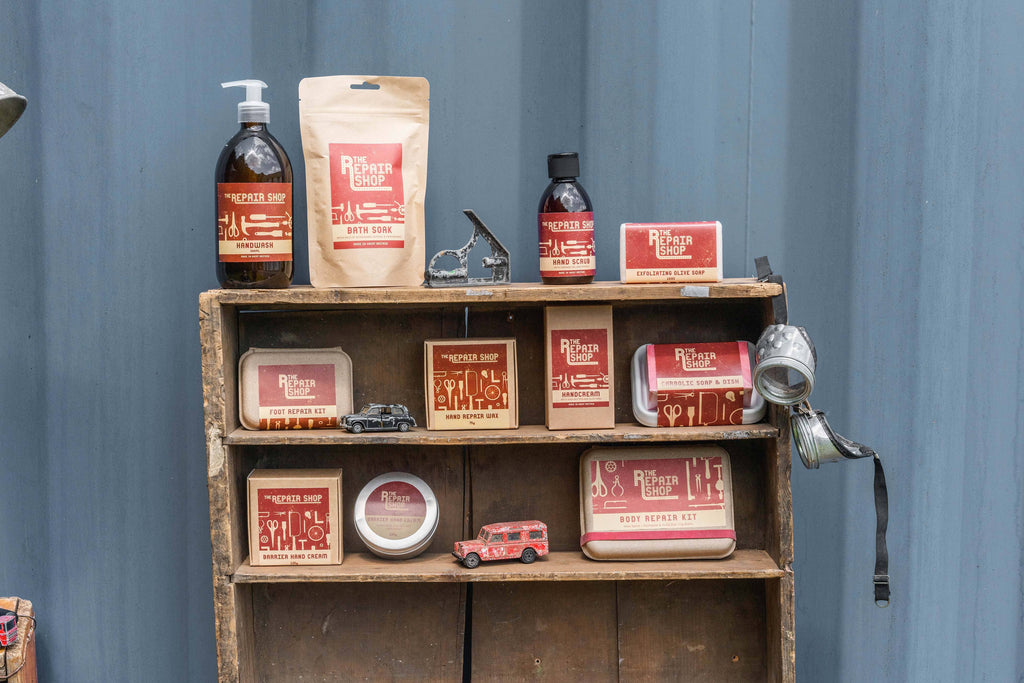 The Repair shop range of products displayed on rustic wooden shelves