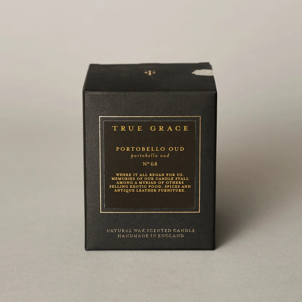 True Grace sealed packaging shown. The candle is Portobello Oud No 68.