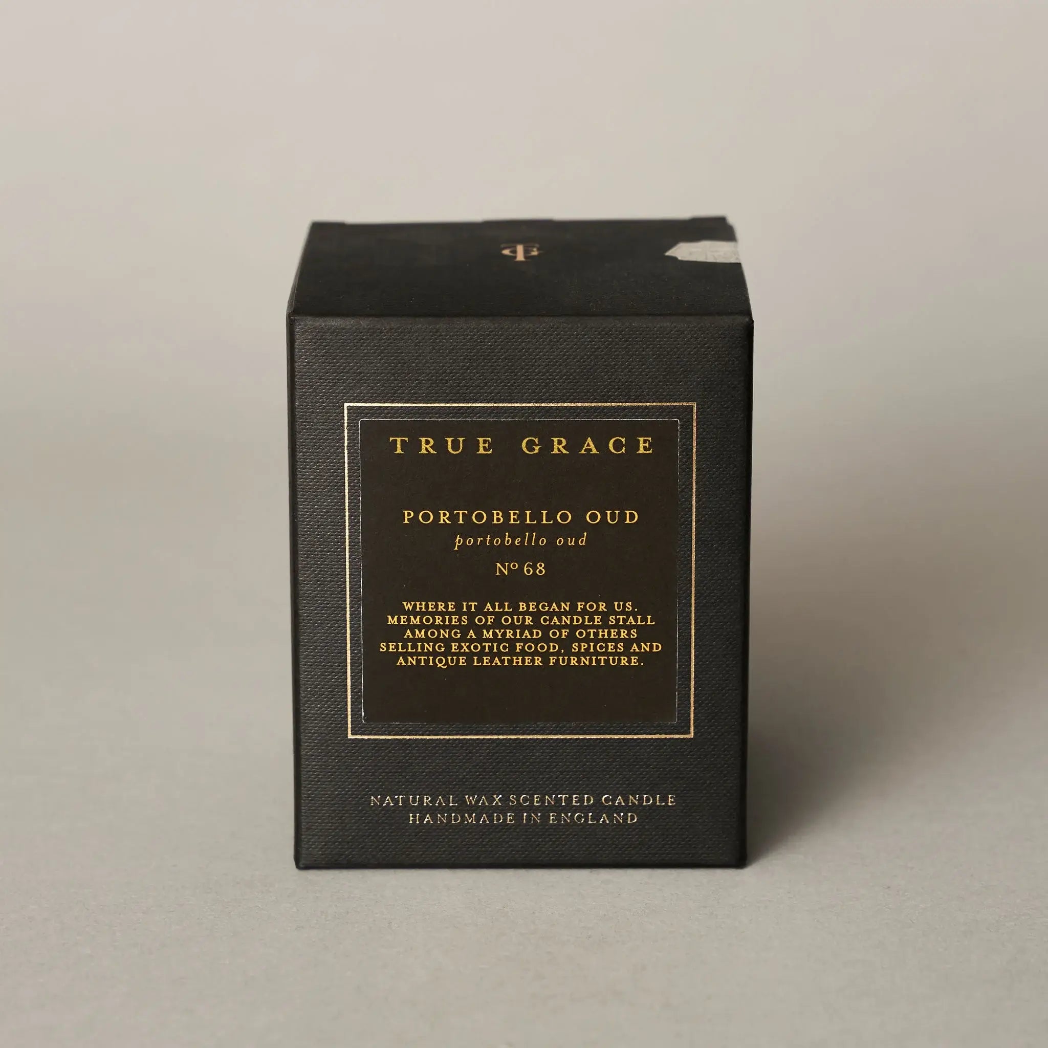 True Grace sealed packaging shown. The candle is Portobello Oud No 68.