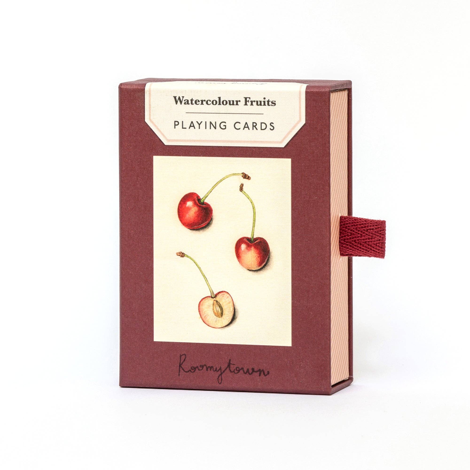 A single deck of playing cards with watercolour fruit illustrations on the back, in a brown and beige box with a red ribbon.  Roomytown Watercolour fruits Playing cards make a great gift.