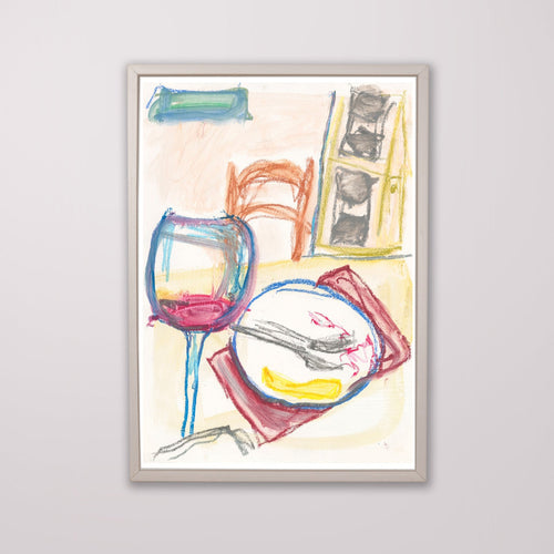 Framed painting of a dining scene with a glass, plate, and chairs by Edinburgh artist Kirsty Penny .A3 in size