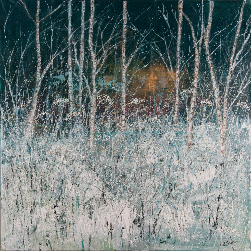 Snow Painting by scottish artist. Silver birch trees in snow as morning sun rises behind. Impressionist artwork of scottish forest
