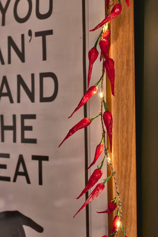 Chilli lights with poster in background.