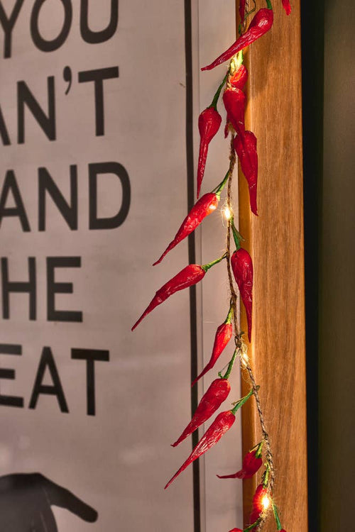 Chilli lights with poster in background.
