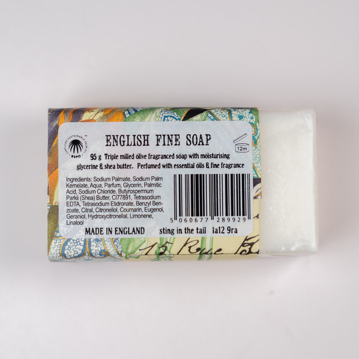 Bar of English fine triple milled soap with packaging on a white background