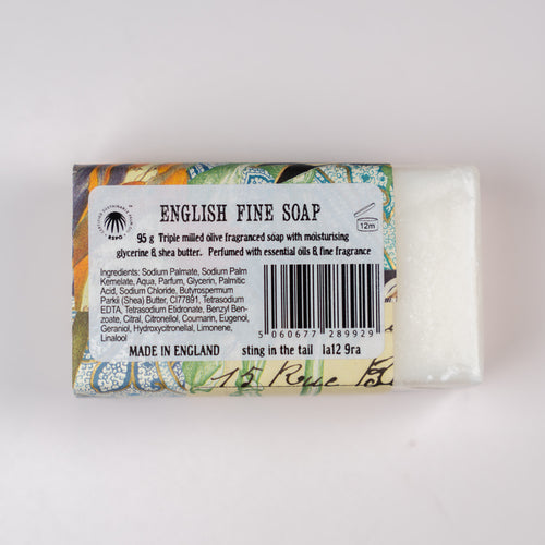Bar of English fine triple milled soap with packaging on a white background