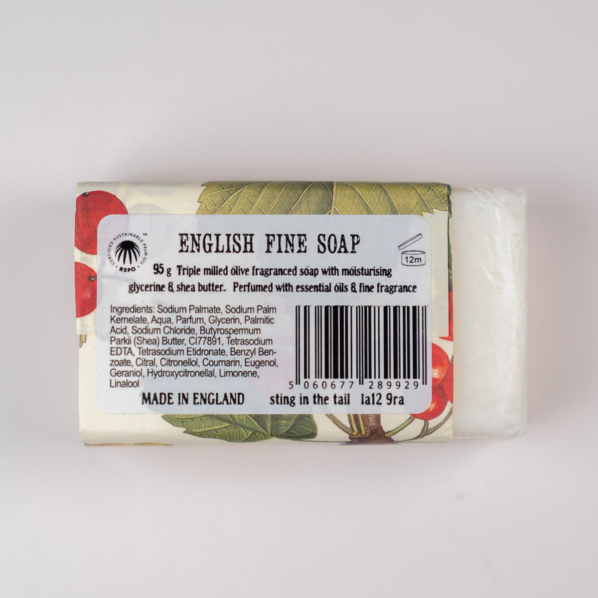 Bar of English Fine Soap triple milled 95g eith lidt of ingredients.
