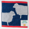 Face cloth  with sheep design and 'Good Cotton' label on a white background. Great eco conscious gift