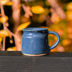 Outdoor shot, close up of navy blue  mug autumn leaves in background.
Fairtrade mugs from India make a great gift.