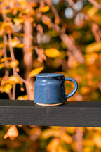 Outdoor shot, of navy blue  mug autumn leaves in background.
Fairtrade mugs from India make a great gift.