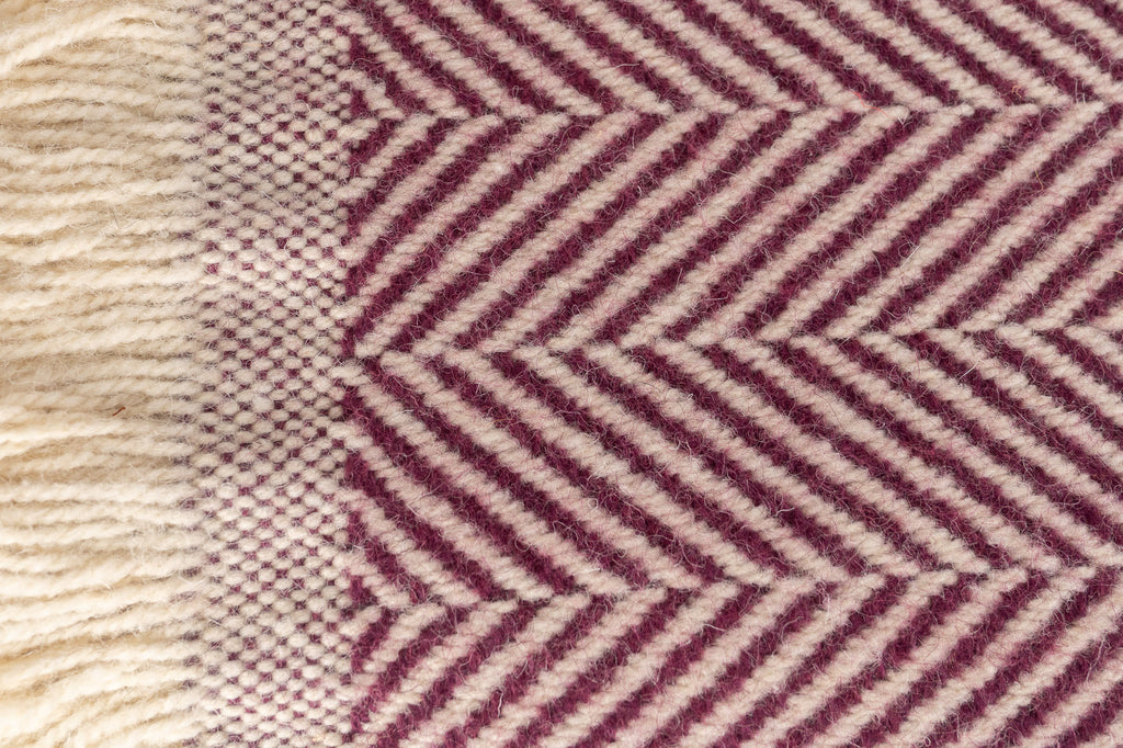Close up of Tweedmill Textiles Plum blanket with cream firinge. 100% recycled wool.