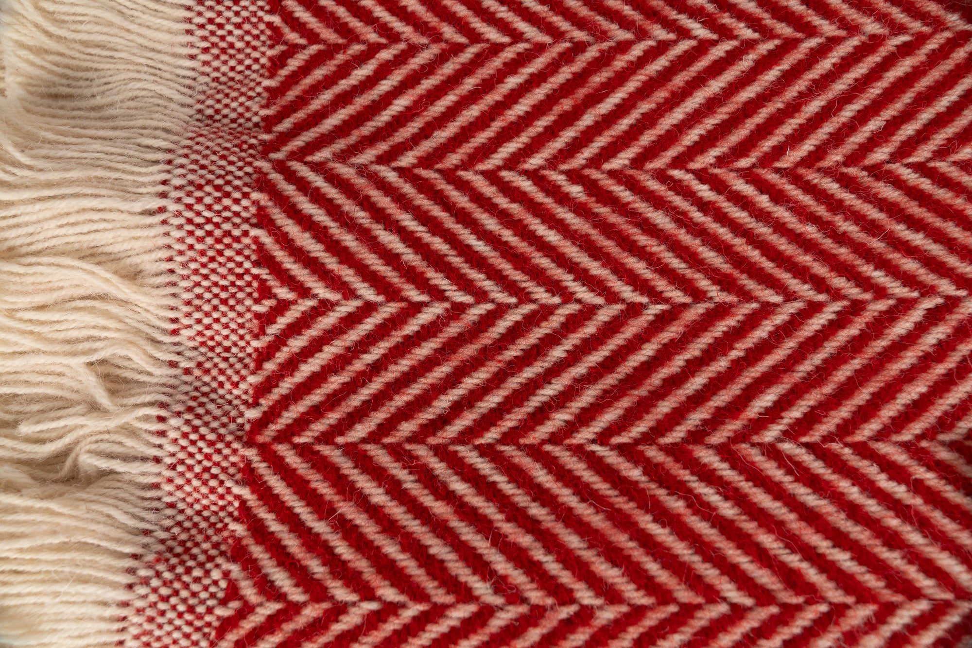 Close up of Tweedmill Textiles Poppy coloured blanket with cream firinge. 100% recycled wool.