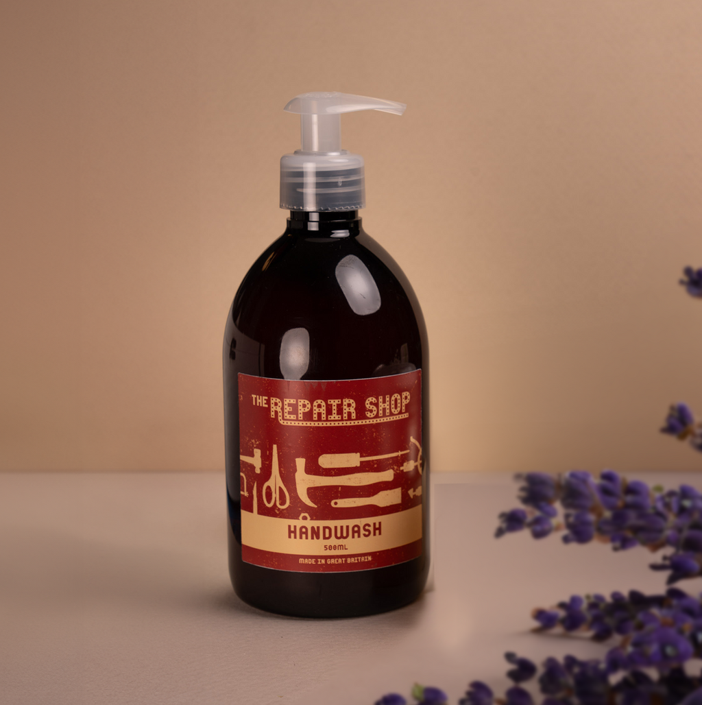 Repair shop handwash with lavender blooms at side. Great gift for gardener.