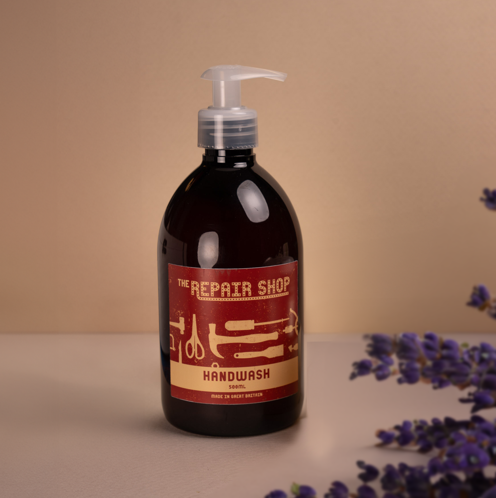 Repair shop handwash with lavender blooms at side. Great gift for gardener.