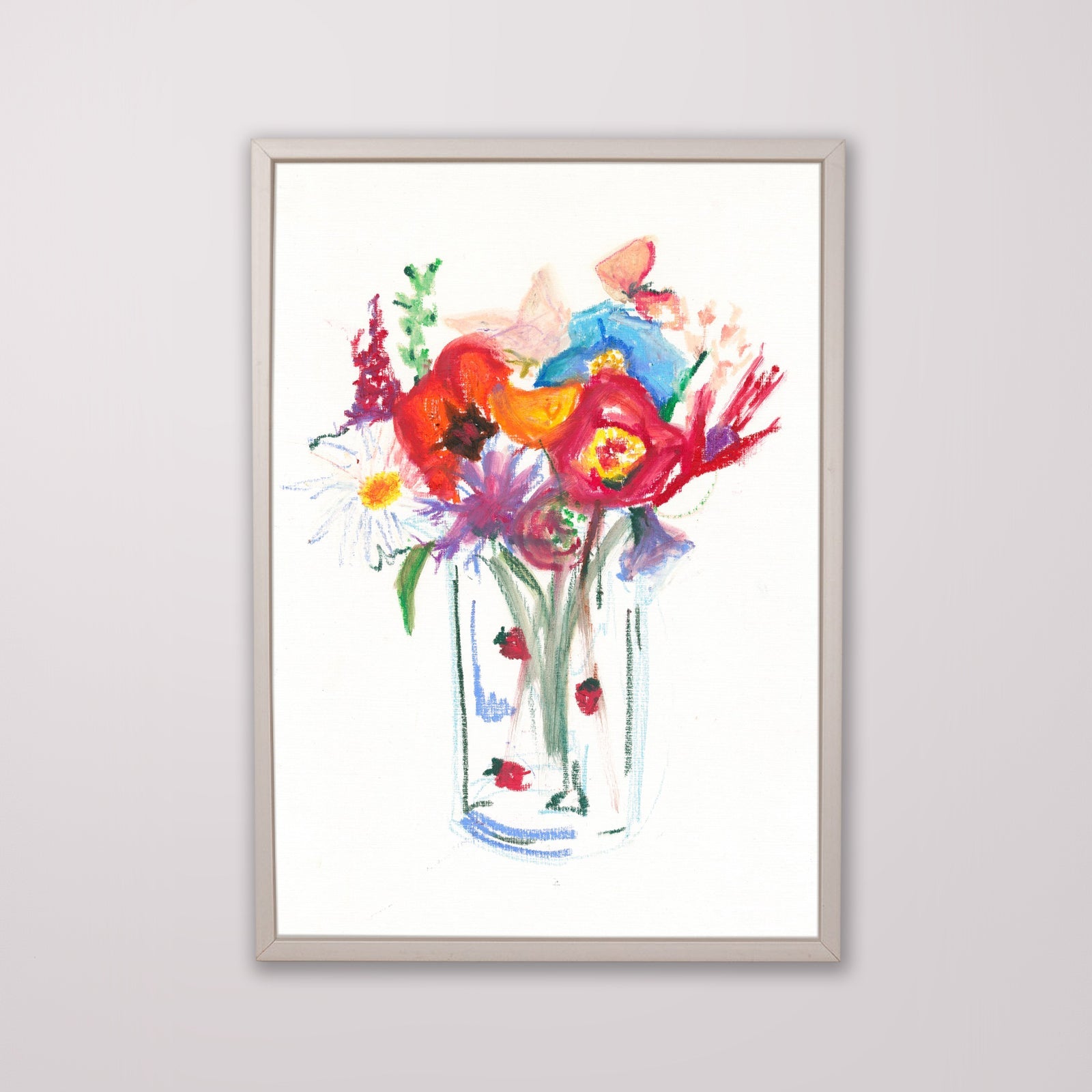 Framed artwork of a colorful floral arrangement on a white wall. Original Edinbugh Artist Kirsty Penny