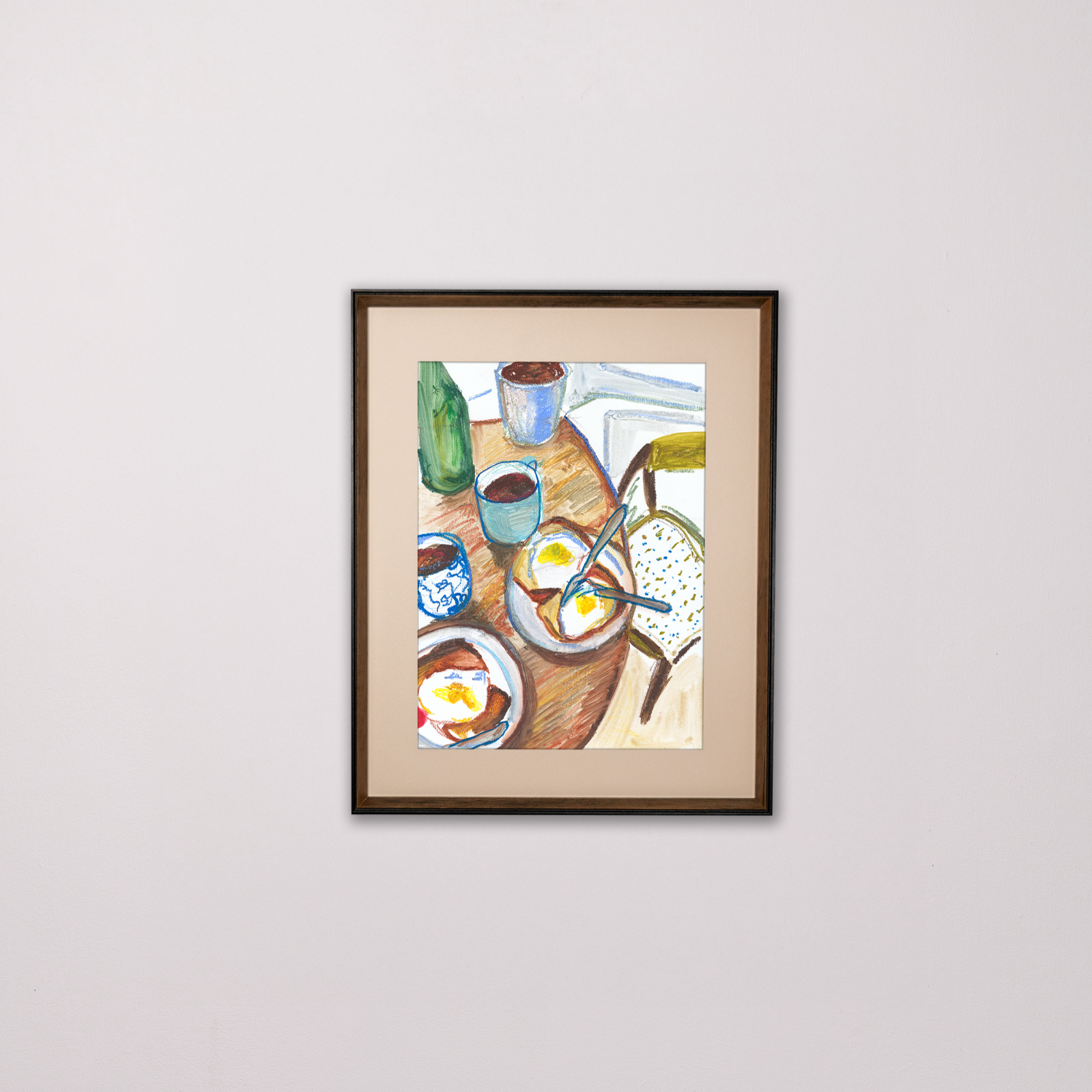 Framed artwork of a breakfast scene on a white wall.