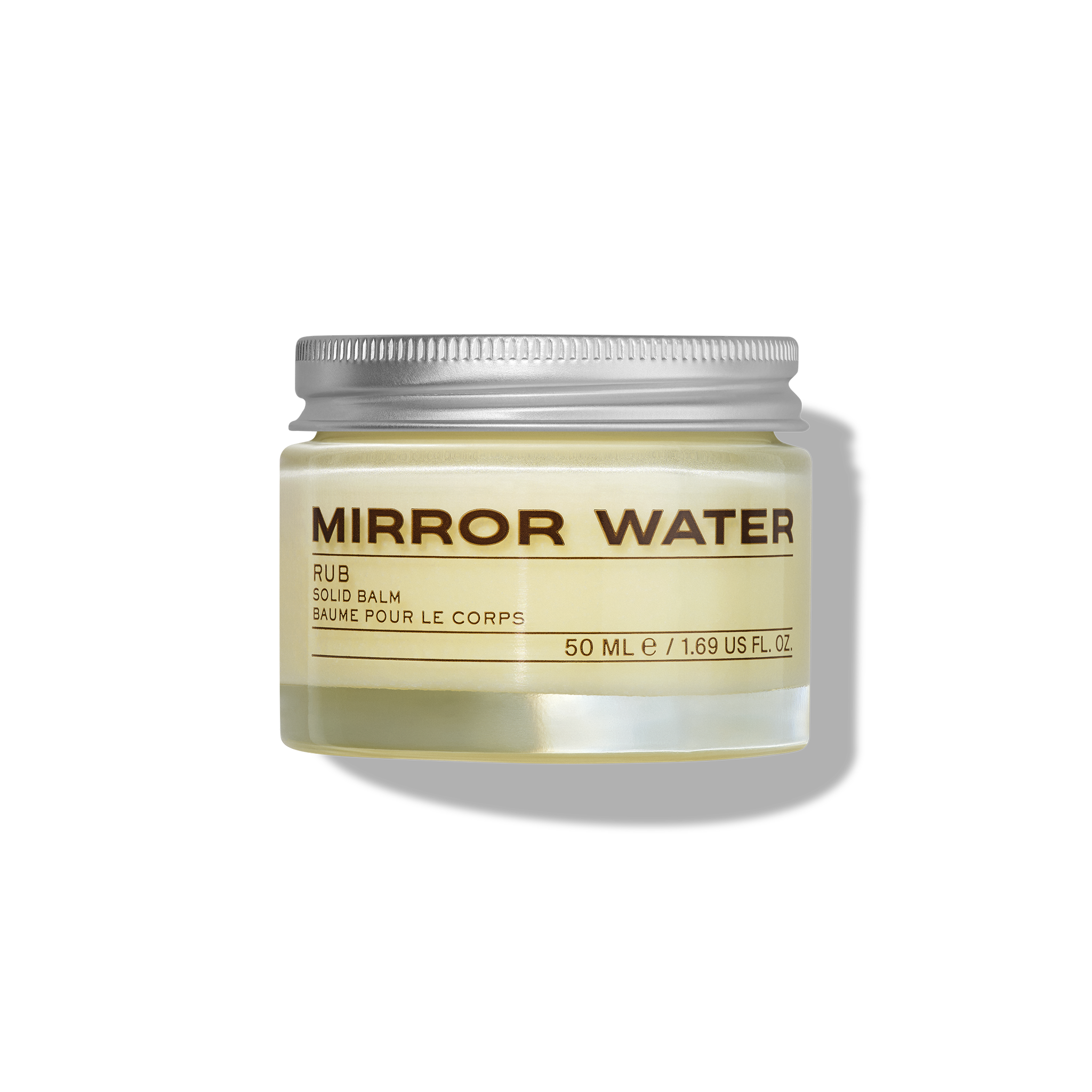 Glass jar with silver lid of sealed cream coloured product called 'Mirror Water" A body RUB balm in 50ml size.