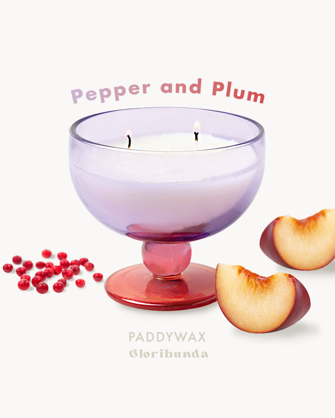 Candle in a glass holder with red berries and plum slices, labeled 'Pepper and Plum' by Paddywax.