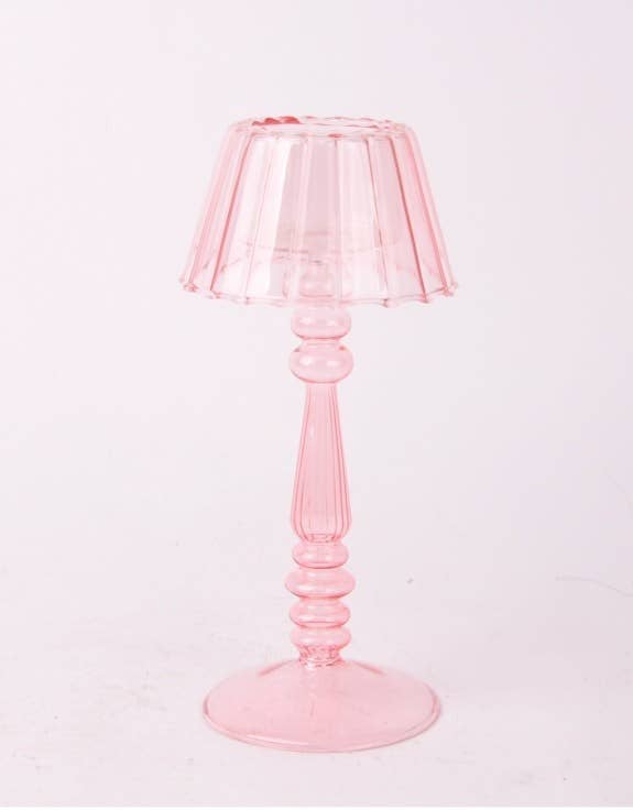Lamp-Style Glass Tealight Holder in Light Pink on white background.