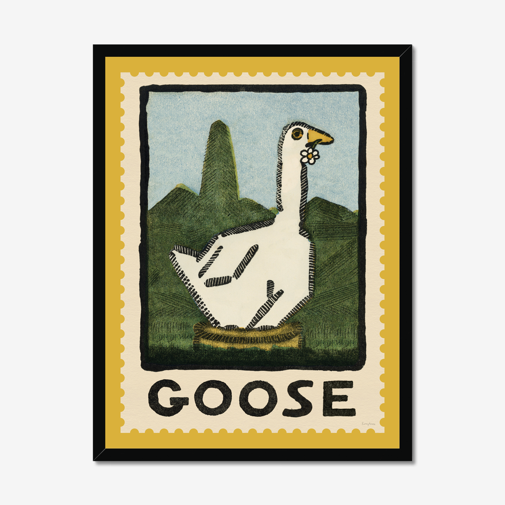 Illustrated framed picture of a Goose on white background. Illustration is in the style of a vintage stamp.Text on picture is " GOOSE" The frame is black.