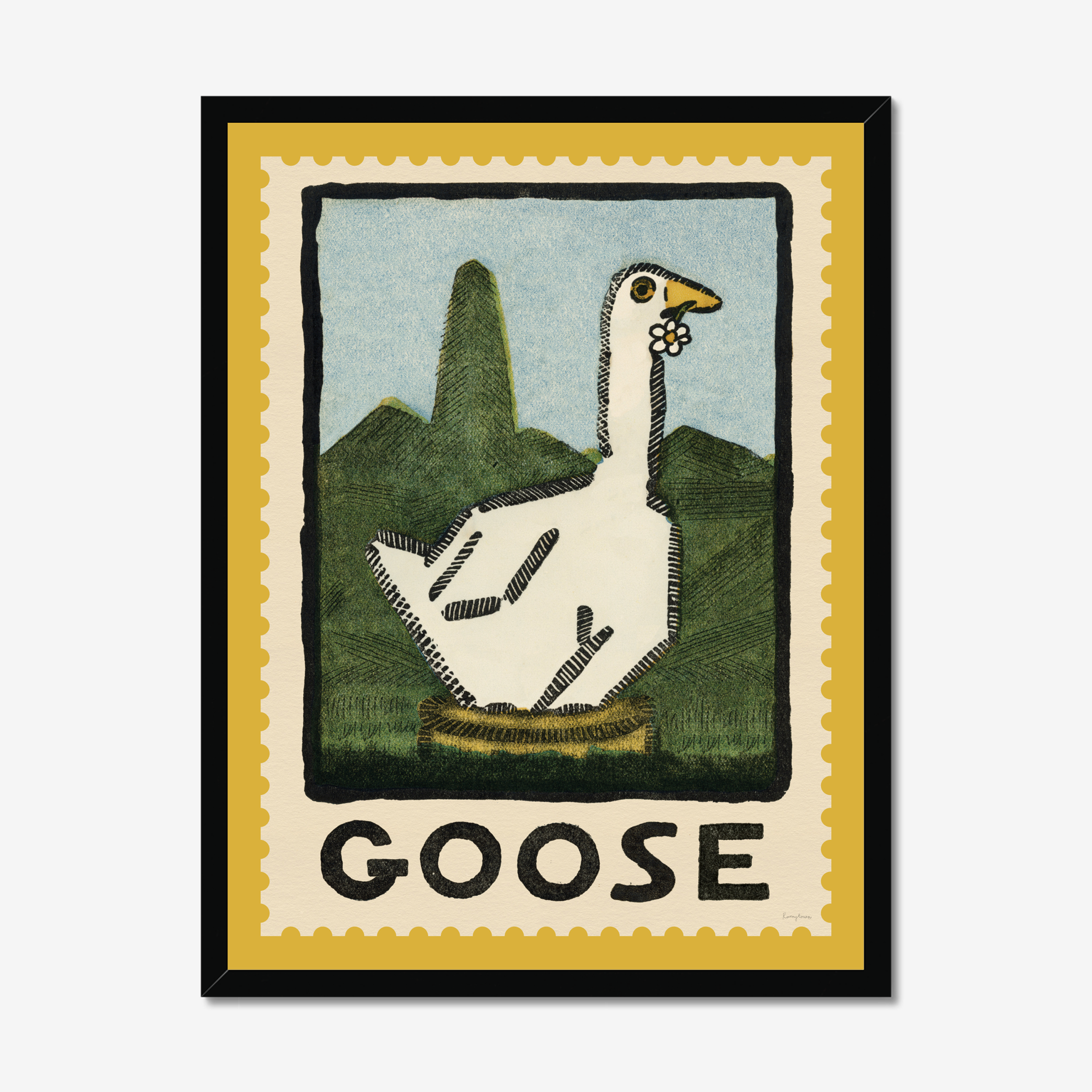 Illustrated framed picture of a Goose on white background. Illustration is in the style of a vintage stamp.Text on picture is " GOOSE" The frame is black.