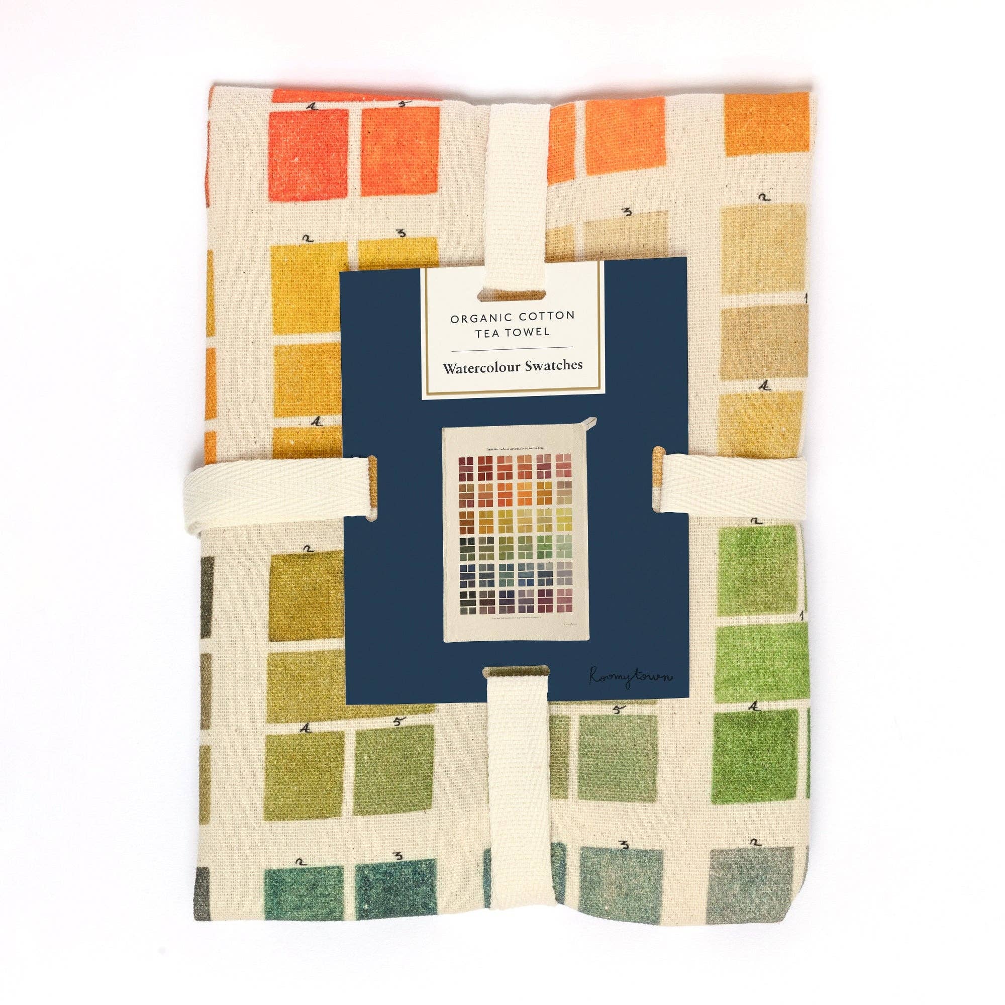 A colorful organic cotton tea towel with watercolour swatches design, featuring a variety of colors . The tea towel is wrapped with a ribbon and ready for gifting.