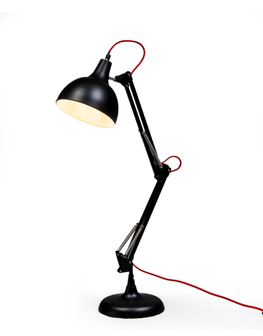Black adjustable desk lamp on a  white background.