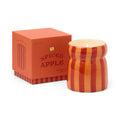 Striped 'Spiced Apple' candle with matching packaging on a white background. Lovely striped ceramic.

