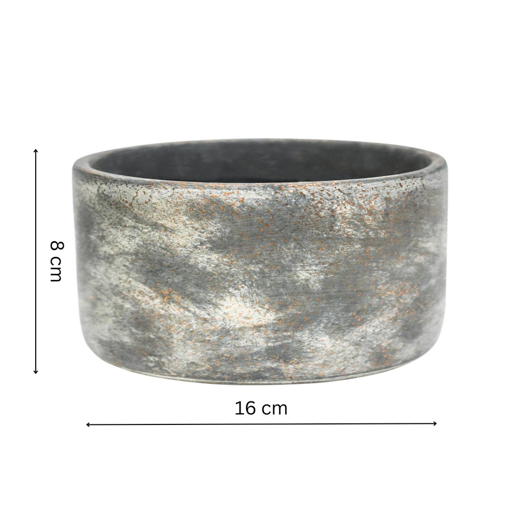 Studio shot of Tivoli bowl showing dimensions. Bowl is 8 cm high and 16cm diameter.