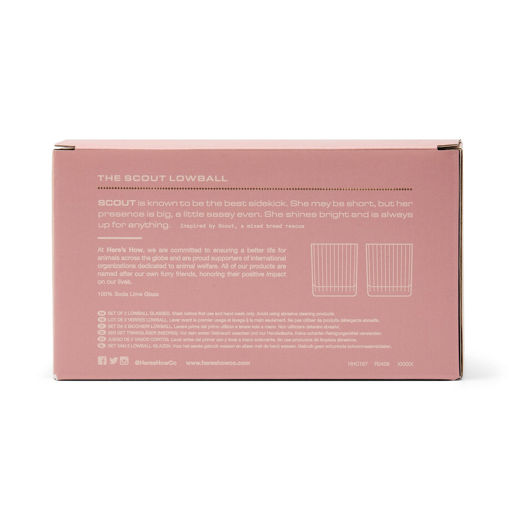 Here's How Pink box with text and graphics on a white background. Scout lowball glasses.