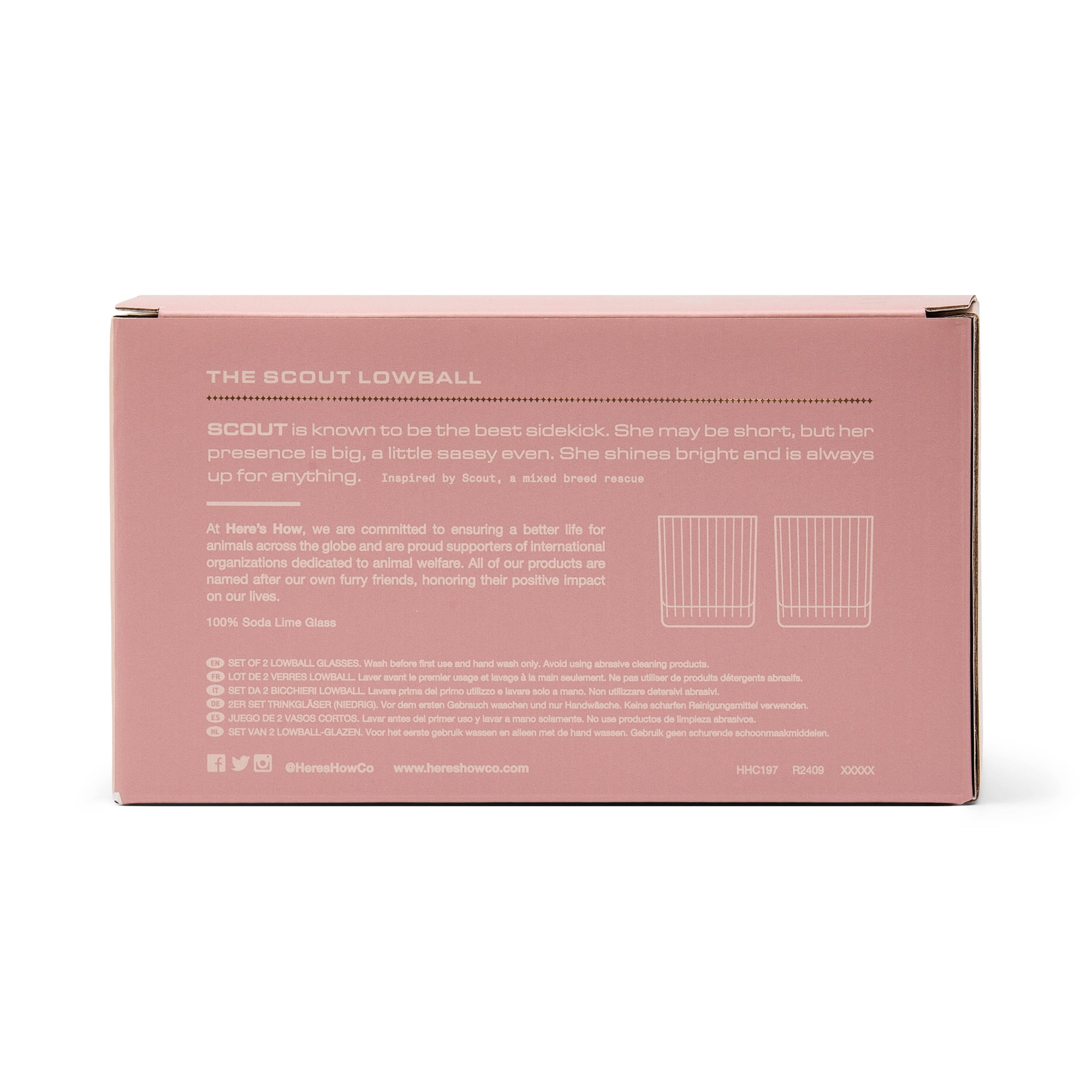 Here's How Pink box with text and graphics on a white background. Scout lowball glasses.